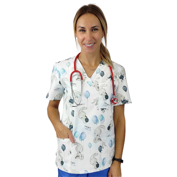 Bunter Damen Kasack mit Kindermotiv, Hase mit Luftballons, 100% Premium Baumwolle