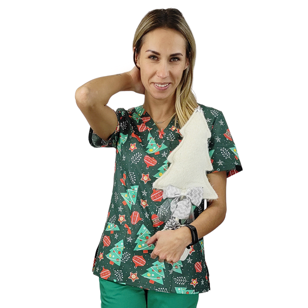 Festlicher Damen Kasack Weihnachten mit buntem Motiv, Weihnachtsbaum, 100% Baumwolle