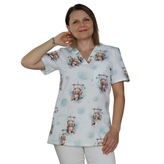 Bunter Damen Kasack mit Tiermotiv, Bär auf der Schaukel, 100% Premium Baumwolle