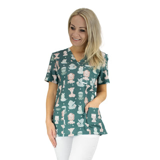 Kinderfreundlicher Damen Schlupfkasack aus 100% Premium Baumwolle mit buntem Motiv.