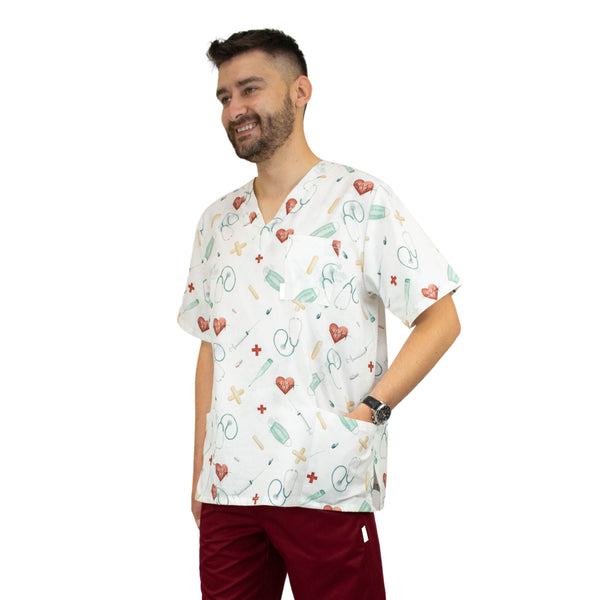 Bunter Herren Kasack mit Motiv, Medical, 100% Premium Baumwolle