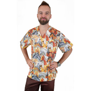 Ausgefallener Herren Kasack aus 100% Baumwolle mit buntem Motiv: Pferde.
