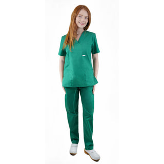 Medizinische Uniform Thalia aus einem elastischen Stoff Prima Stretch. Schlupfkasack und Schlupfhose. Farbe Dunkelgrün.