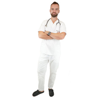 Medizinische Herren Uniform Thalia aus einem elastischen Stoff Prima Stretch. Schlupfkasack und Schlupfhose. Farbe Weiß.
