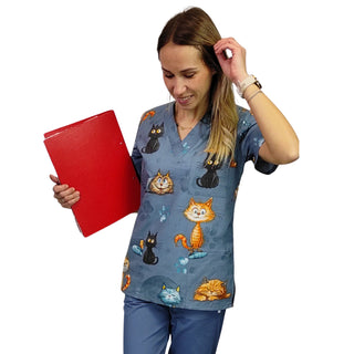 Bunter Damen Kasack „Crazy Cats“ mit Katzenmotiv – tailliert & bequem