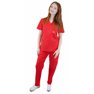Medizinische Uniform Thalia aus einem elastischen Stoff Prima Stretch. Schlupfkasack und Schlupfhose. Farbe Rot.