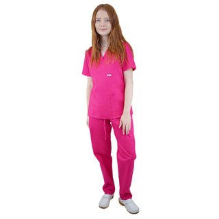 Medizinische Uniform Thalia aus einem elastischen Stoff Prima Stretch. Schlupfkasack und Schlupfhose. Farbe Himbeere.