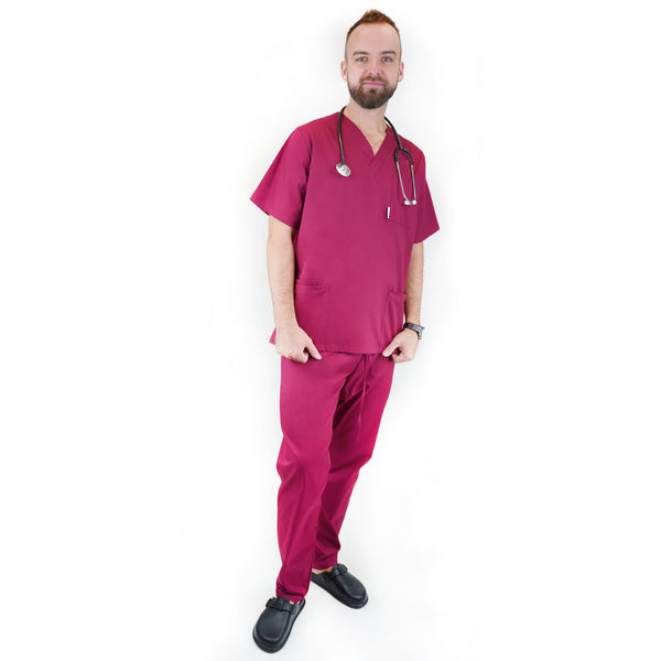 Medizinische Herren Uniform Thalia aus einem elastischen Stoff Prima Stretch. Schlupfkasack und Schlupfhose. Farbe Weinrot.
