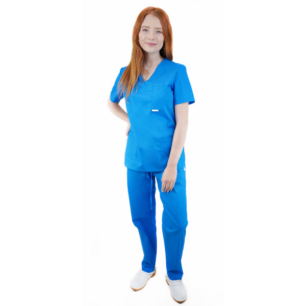 Medizinische Uniform Thalia aus einem elastischen Stoff Prima Stretch. Schlupfkasack und Schlupfhose. Farbe Blau