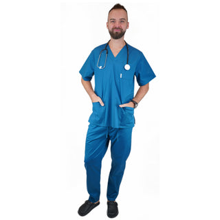 Medizinische Herren Uniform Thalia aus einem elastischen Stoff Prima Stretch. Schlupfkasack und Schlupfhose. Farbe Meerblau.