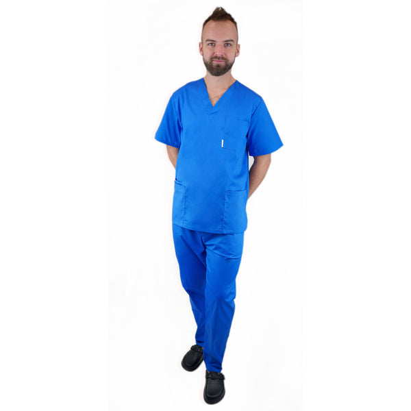 Medizinische Herren Uniform Thalia aus einem elastischen Stoff Prima Stretch. Schlupfkasack und Schlupfhose. Farbe Royalblau.