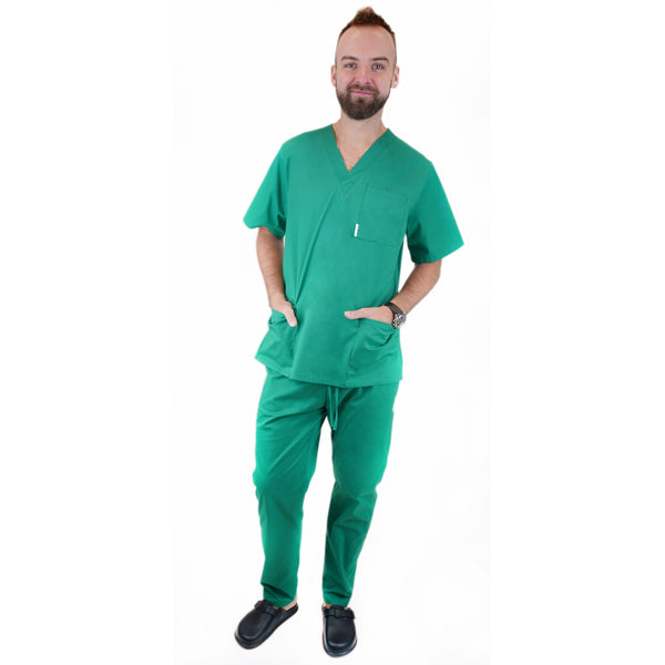 Medizinische Herren Uniform Thalia aus einem elastischen Stoff Prima Stretch. Schlupfkasack und Schlupfhose. Farbe Dunkelgrün.