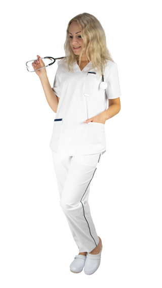 Moderne, medizinische Berufsbekleidung. Schlupfkasack und Schlupfhose im Set. Farbe Weiß