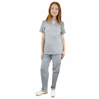 Medizinische Uniform Thalia aus einem elastischen Stoff Prima Stretch. Schlupfkasack und Schlupfhose. Farbe Grau.