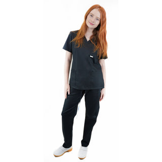 Medizinische Uniform Thalia aus einem elastischen Stoff Prima Stretch. Schlupfkasack und Schlupfhose. Farbe Schwarz.